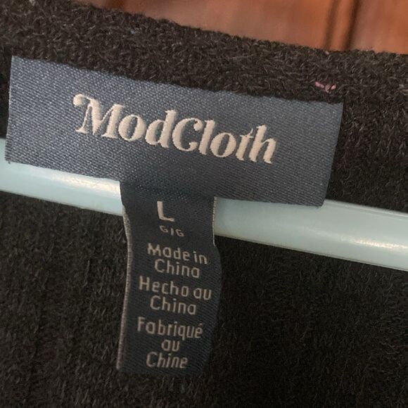 Modcloth Black Long Sleeve Polka Dot Knit Sweater Knee Length V-neck Dress Sz L - Picture 3 of 11